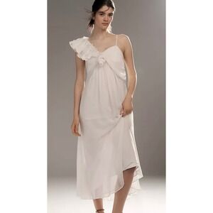 Let Me Be Asymmetric 3D Floral Midi Dress White Ruffle feminine‎ flowy romantic